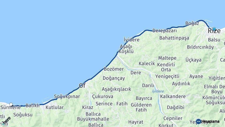 Rize Sürmene Trabzon Arası Kaç Km - Yol Haritası