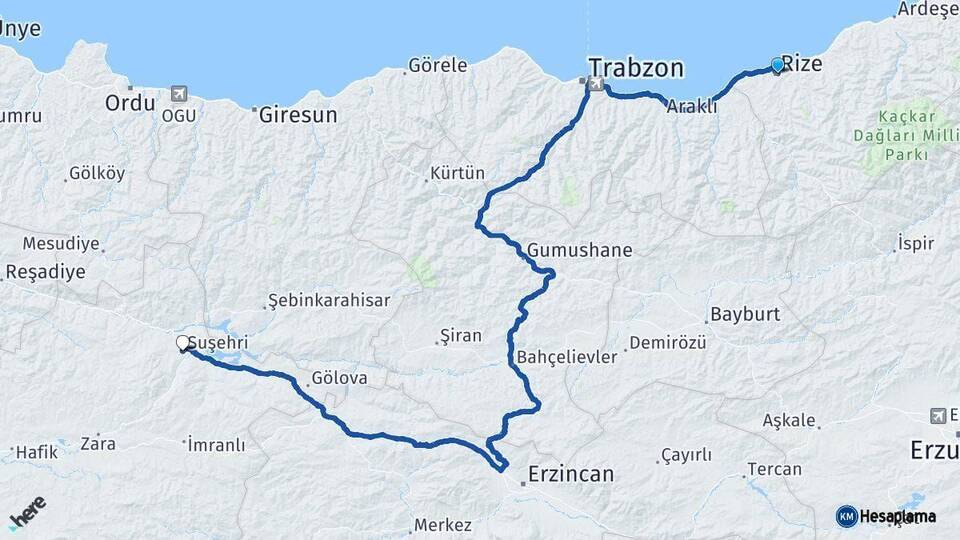 Rize Suşehri Sivas Arası Kaç Km - Yol Haritası