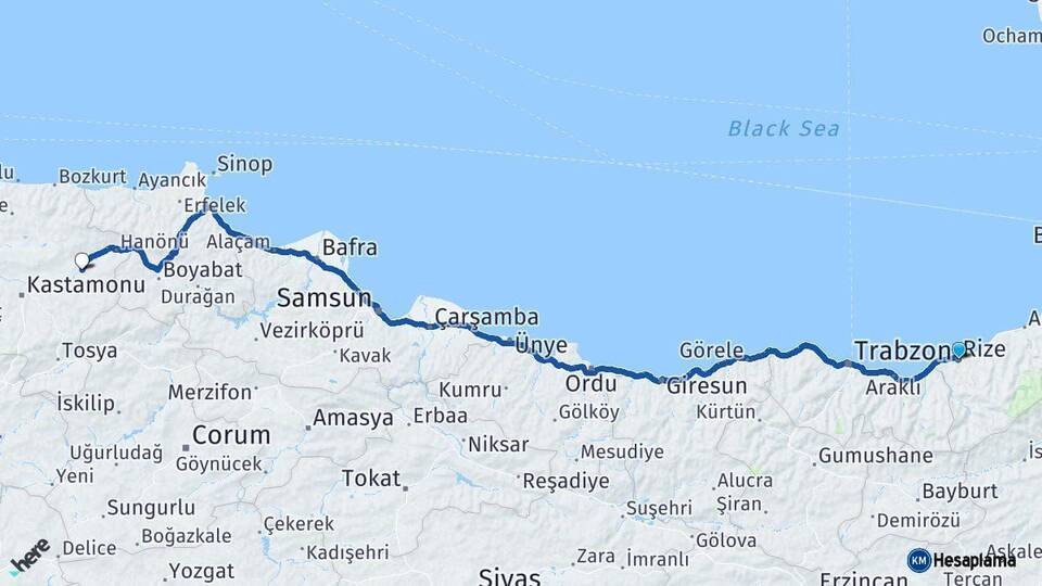 Rize Taşköprü Kastamonu Arası Kaç Km - Yol Haritası