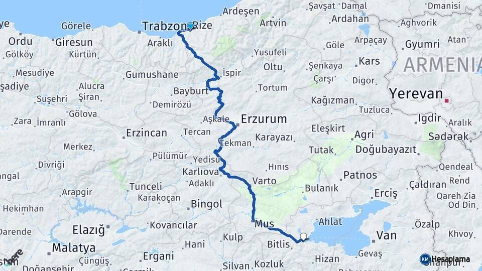 Rize Tatvan Bitlis Arası Kaç Km - Yol Haritası