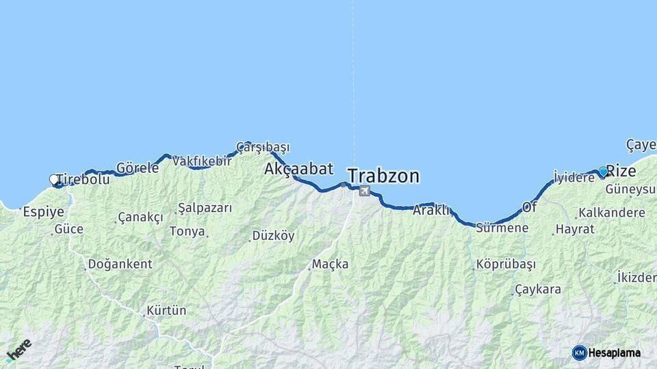 Rize Tirebolu Giresun Arası Kaç Km - Yol Haritası