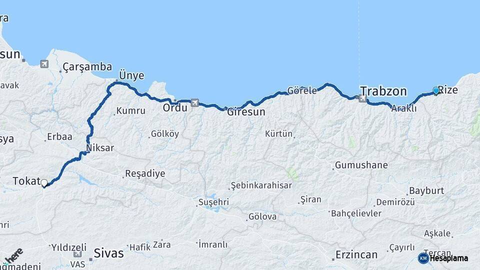 Rize Tokat Arası Kaç Km - Yol Haritası