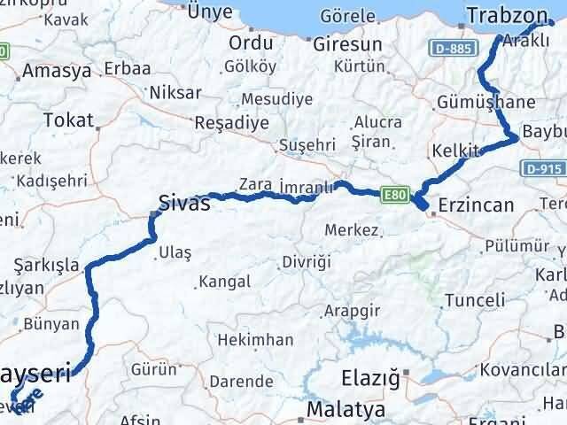 Rize Tomarza Kayseri Arası Kaç Km - Yol Haritası