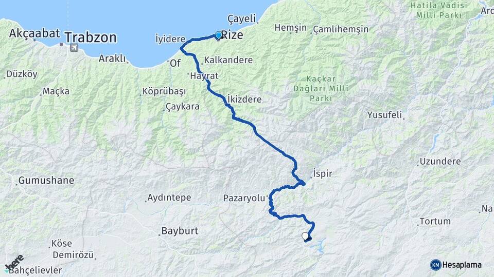 Rize Toprakkale Aziziye Erzurum Arası Kaç Km - Yol Haritası