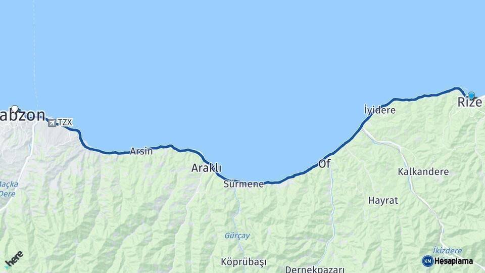 Rize Trabzon Arası Kaç Km - Yol Haritası