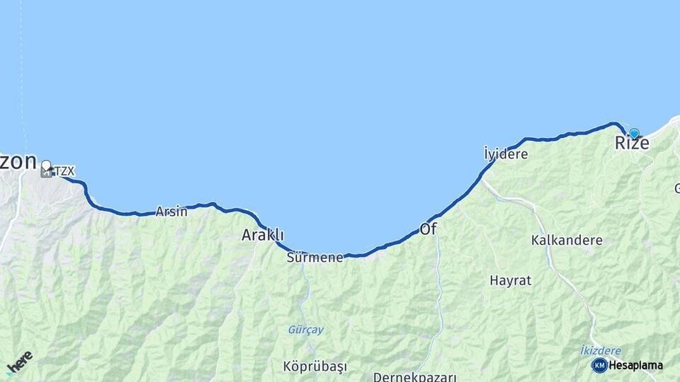 Rize Trabzon Havalimanı Arası Kaç Km - Yol Haritası