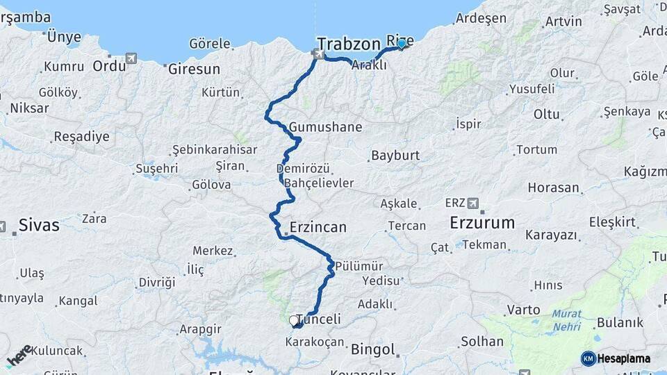 Rize Tunceli Arası Kaç Km - Yol Haritası