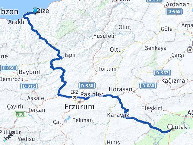 Rize Tutak Ağrı Arası Kaç Km - Yol Haritası