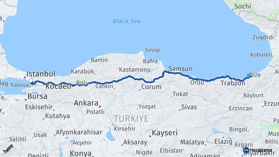 Rize Tuzla İstanbul Arası Kaç Km - Yol Haritası