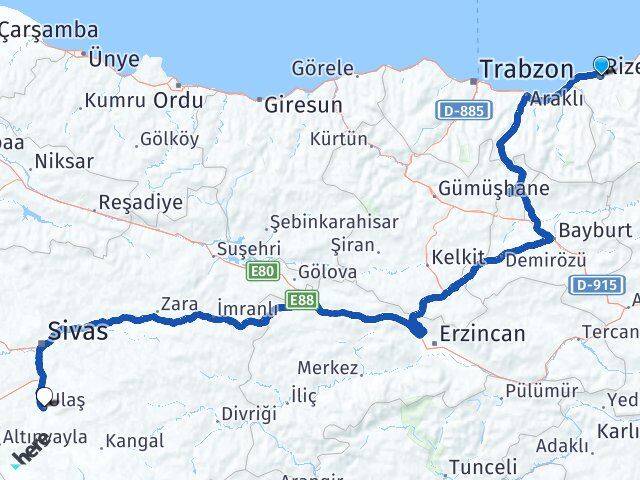Rize Ulaş Sivas Arası Kaç Km - Yol Haritası