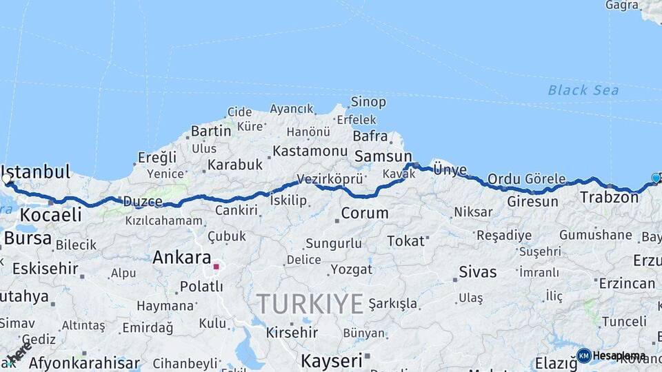 Rize Ümraniye İstanbul Arası Kaç Km - Yol Haritası
