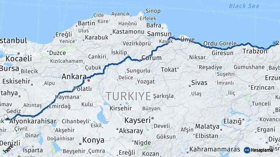 Rize Uşak Arası Kaç Km - Yol Haritası