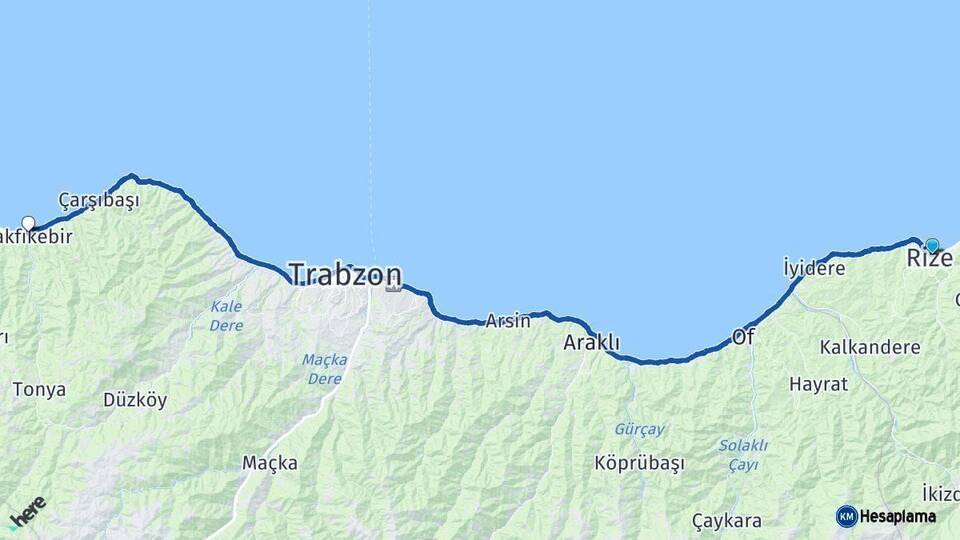 Rize Vakfıkebir Trabzon Arası Kaç Km - Yol Haritası