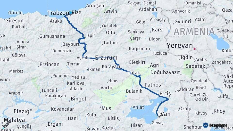 Rize Van Arası Kaç Km - Yol Haritası