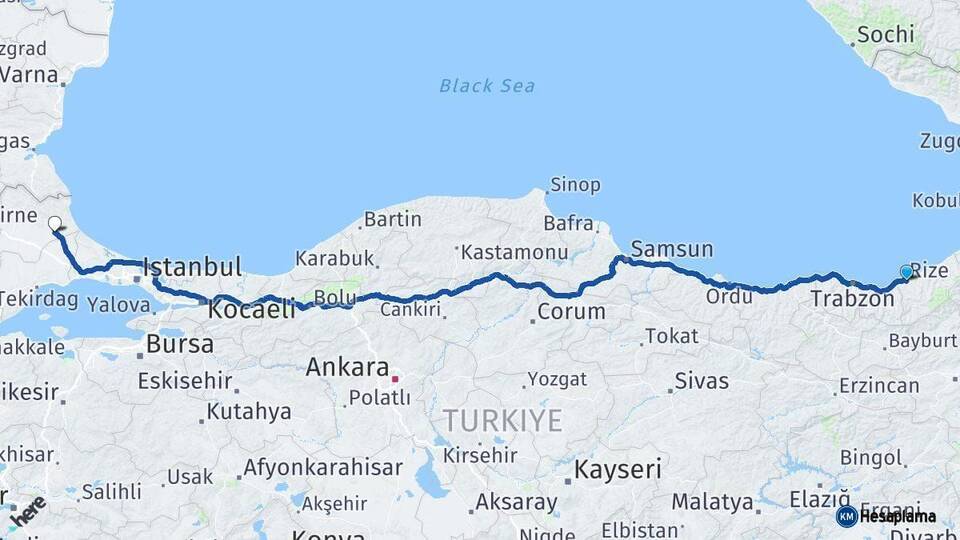 Rize Vize Kırklareli Arası Kaç Km - Yol Haritası