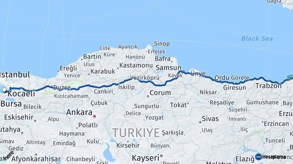 Rize Yalova Arası Kaç Km - Yol Haritası