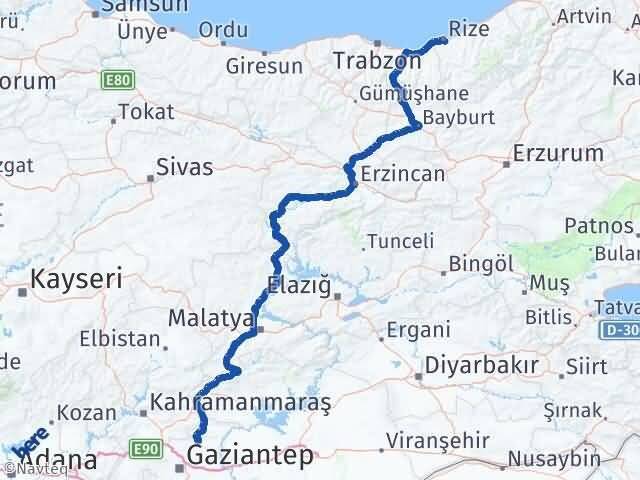 Rize Yavuzeli Gaziantep Arası Kaç Km - Yol Haritası