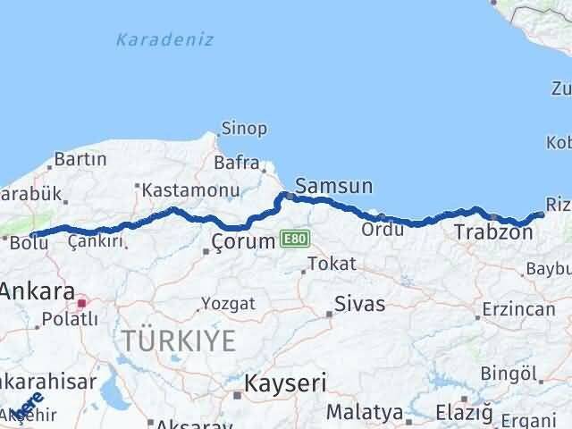 Rize Yeniçağa Bolu Arası Kaç Km - Yol Haritası