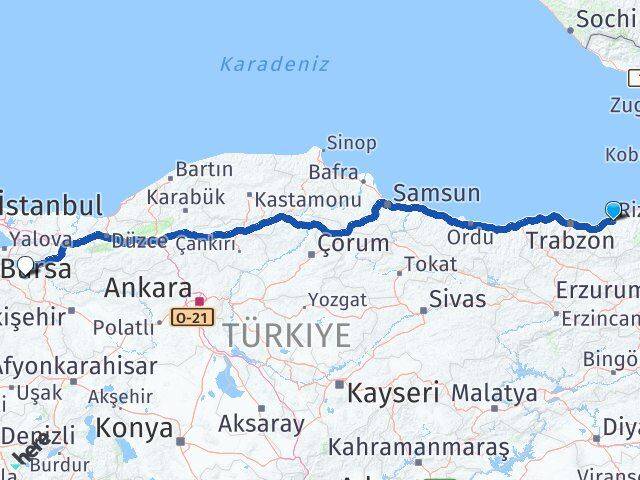 Rize Yenişehir Bursa Arası Kaç Km - Yol Haritası