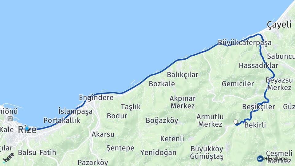 Rize Yeşilköy Çayeli Arası Kaç Km - Yol Haritası