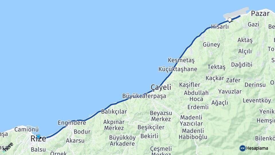 Rize Yeşilköy Pazar Arası Kaç Km - Yol Haritası