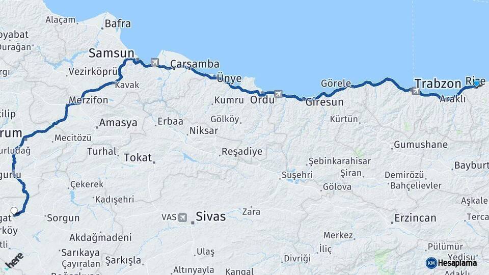 Rize Yozgat Arası Kaç Km - Yol Haritası