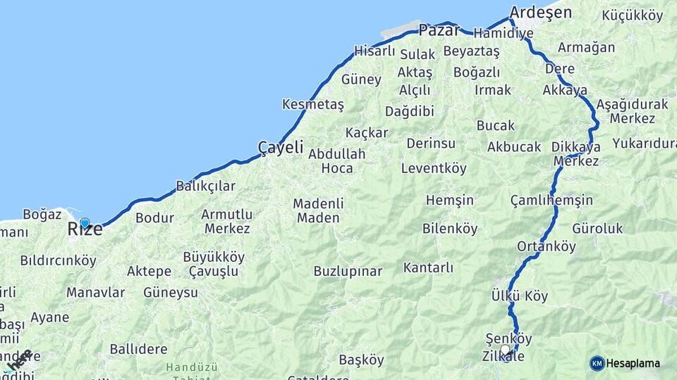 Rize Zilkale Çamlıhemşin Arası Kaç Km - Yol Haritası