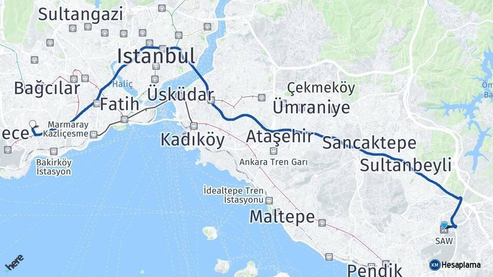Sabiha Gökçen Havalimanı Bahçelievler Arası Kaç Km - Yol Tarifi