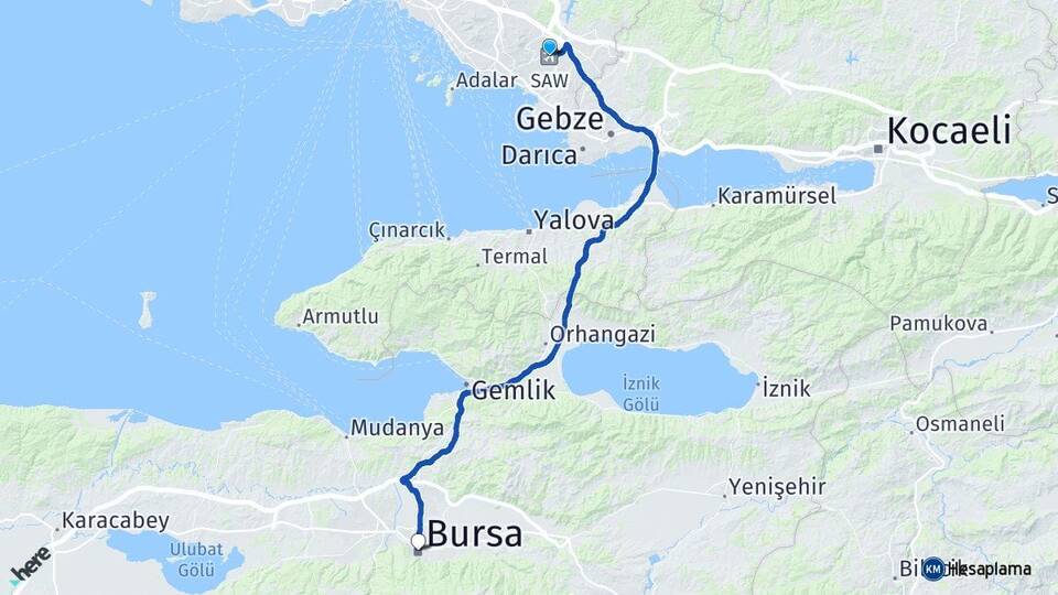 Sabiha Gökçen Havalimanı Bursa Arası Kaç Km - Yol Haritası