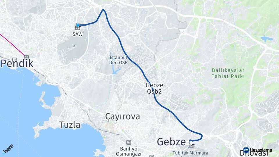 Sabiha Gökçen Havalimanı Gebze Otogarı Arası Kaç Km - Yol Tarifi