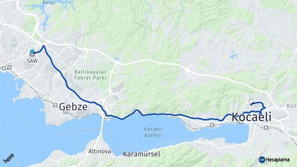 Sabiha Gökçen Havalimanı Kocaeli Üniversitesi Arası Kaç Km - Yol Haritası