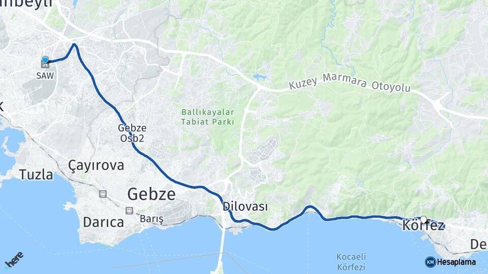 Sabiha Gökçen Havalimanı Körfez Arası Kaç Km - Yol Tarifi