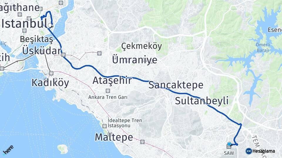 Sabiha Gökçen Havalimanı Ortaköy Beşiktaş İstanbul Arası Kaç Km - Yol Haritası