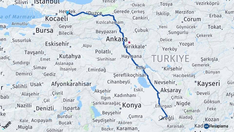 Sakarya 500 Evler Ereğli Konya Arası Kaç Km - Yol Haritası
