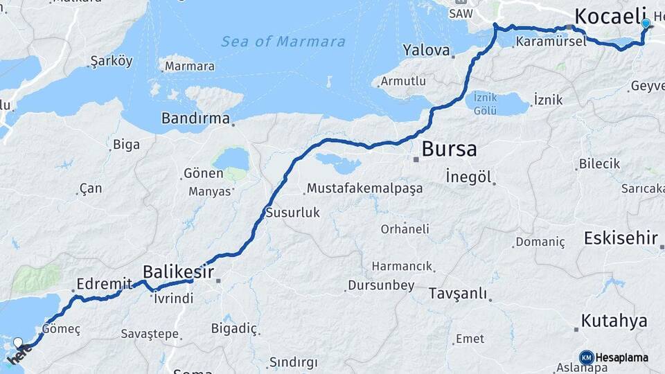 Sakarya Adapazarı Ayvalık Balıkesir Arası Kaç Km - Yol Haritası