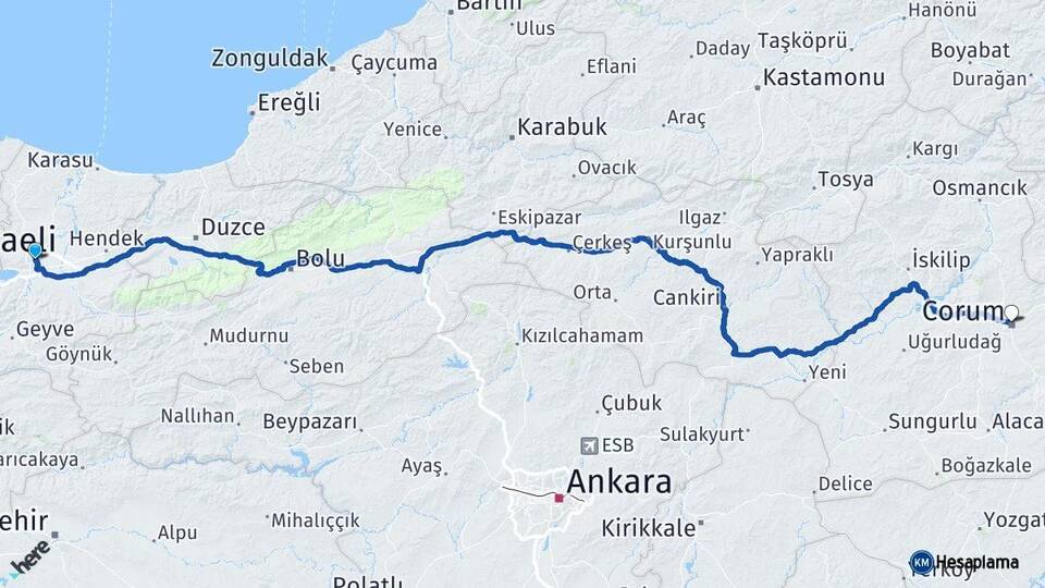 Sakarya Adapazarı Çorum Arası Kaç Km - Yol Haritası