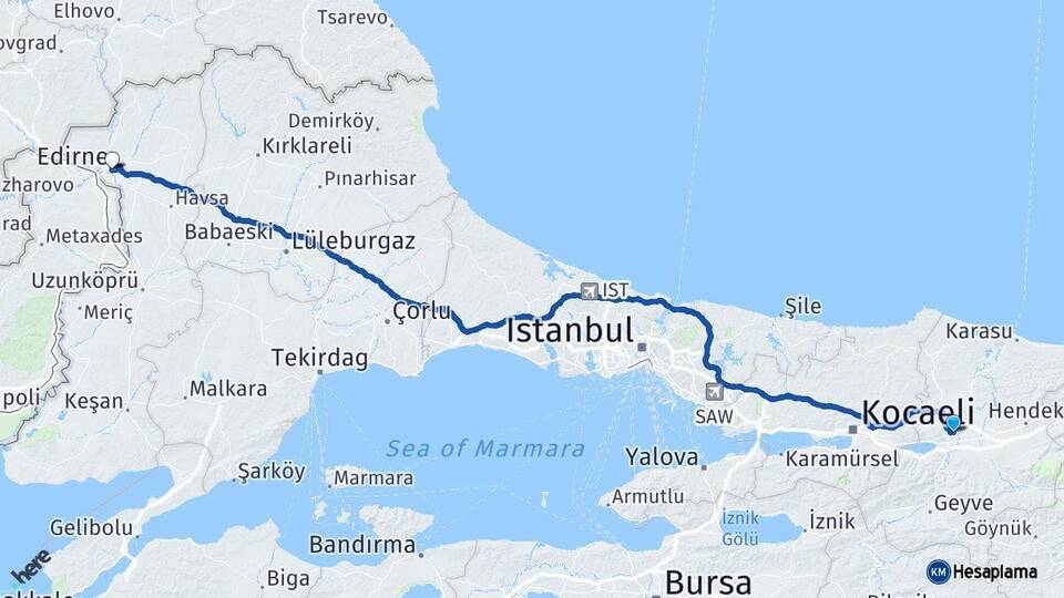 Sakarya Adapazarı Edirne Arası Kaç Km - Yol Haritası