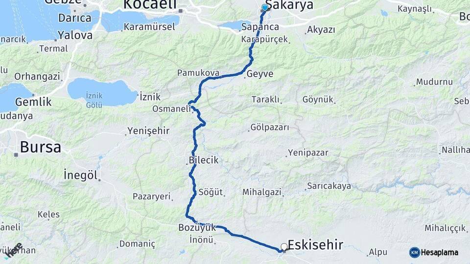 Sakarya Adapazarı Eskişehir Arası Kaç Km - Yol Haritası