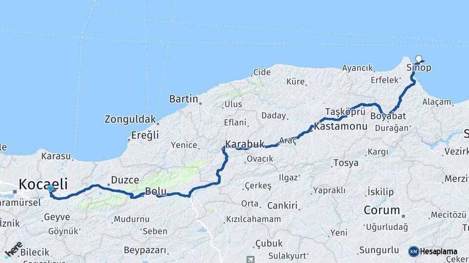 Sakarya Adapazarı Sinop Arası Kaç Km - Yol Haritası