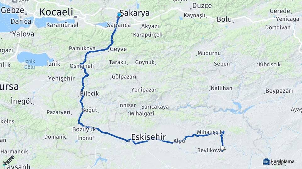 Sakarya Adapazarı Yunusemre Mihalıççık Eskişehir Arası Kaç Km - Yol Haritası