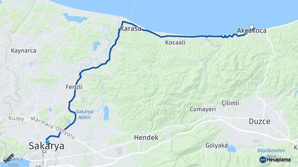 Sakarya Akçakoca Düzce Arası Kaç Km - Yol Haritası
