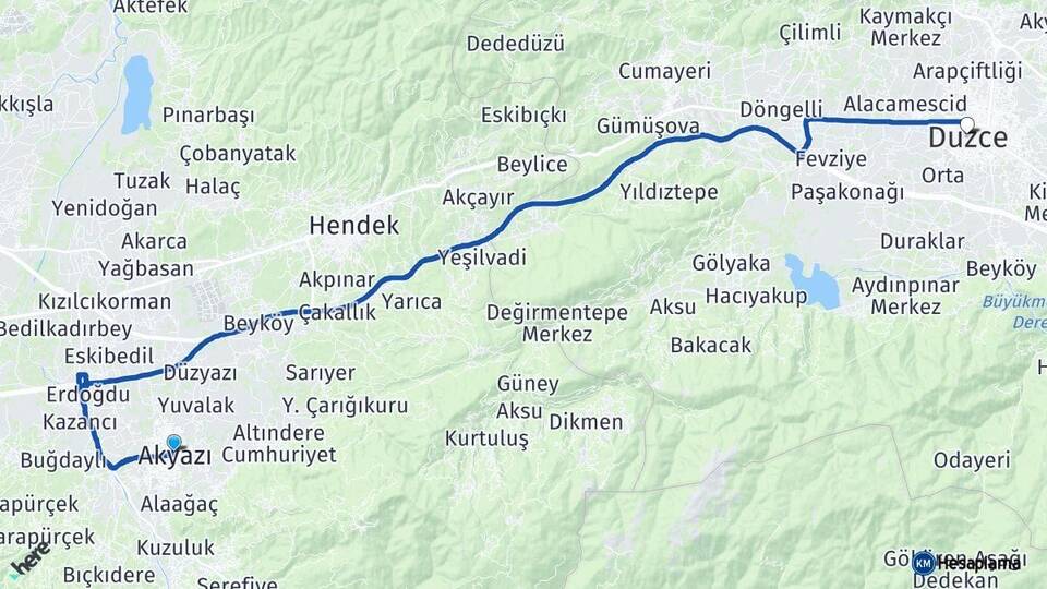 Sakarya Akyazı Düzce Arası Kaç Km - Yol Haritası