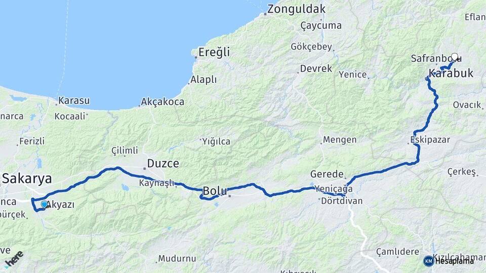 Sakarya Akyazı Düzce Safranbolu Karabük Arası Kaç Km - Yol Haritası