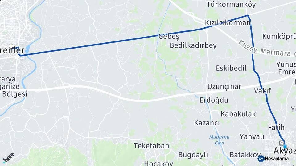 Sakarya Akyazı Erenler Arası Kaç Km - Yol Haritası