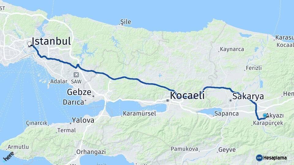 Sakarya Akyazı İstanbul Arası Kaç Km - Yol Haritası