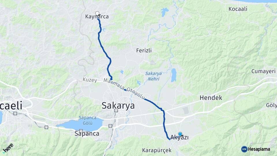 Sakarya Akyazı Kaynarca Arası Kaç Km - Yol Haritası