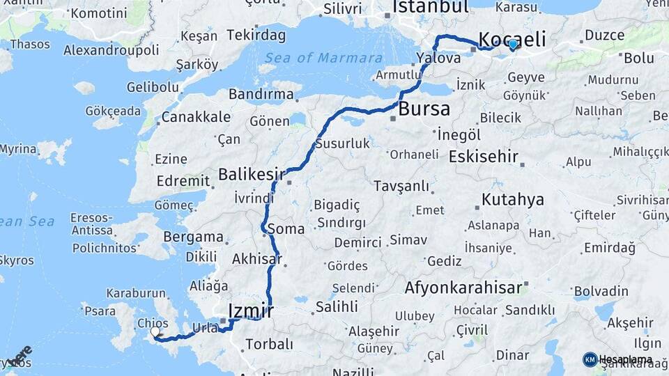 Sakarya Alaçatı Çeşme İzmir Arası Kaç Km - Yol Haritası