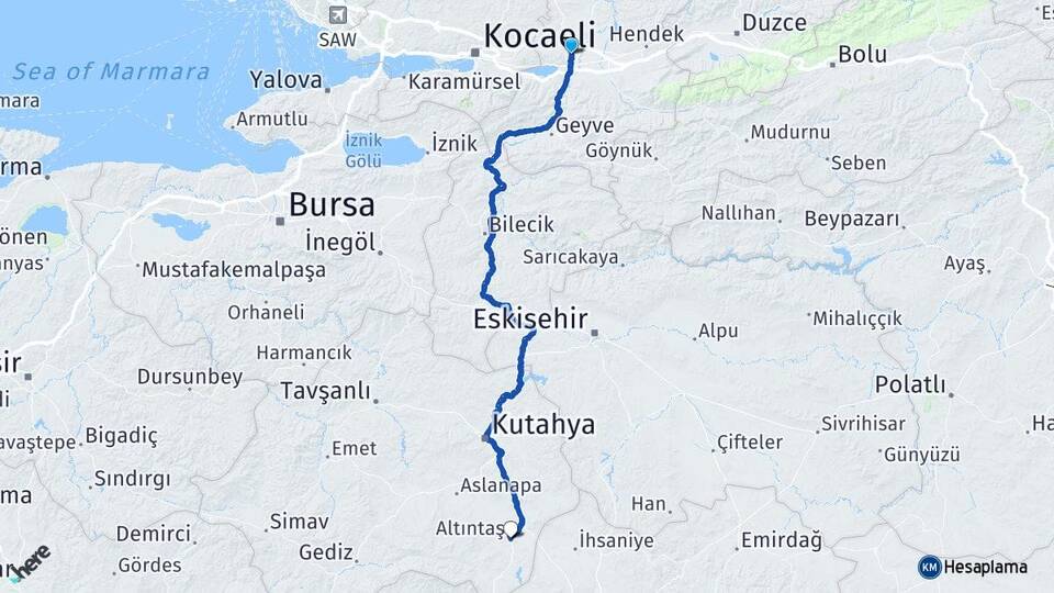 Sakarya Altıntaş Kütahya Arası Kaç Km - Yol Haritası