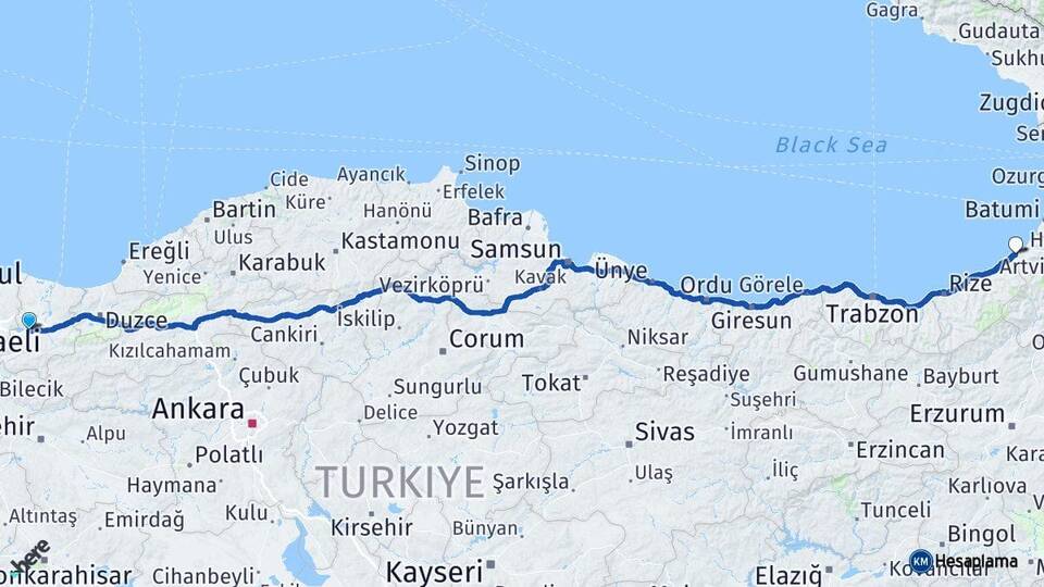 Sakarya Arifiye Arhavi Artvin Arası Kaç Km - Yol Haritası