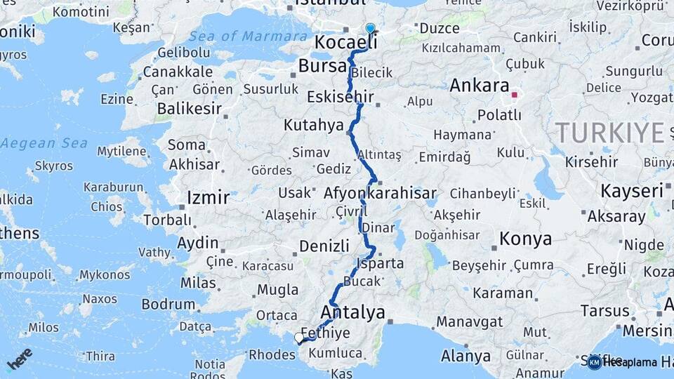 Sakarya Arifiye Ölüdeniz Fethiye Muğla Arası Kaç Km - Yol Haritası